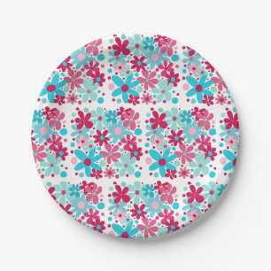 Blaue und rosa funkige Blume Pappteller