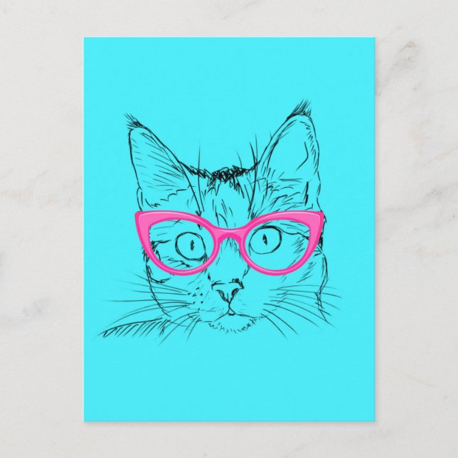 Blaue und rosa Hipster-Katze Postkarte (Vorderseite)