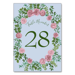 Blaue und rosa Hochzeitsheime Pastellblütenfrüchte Tischnummer