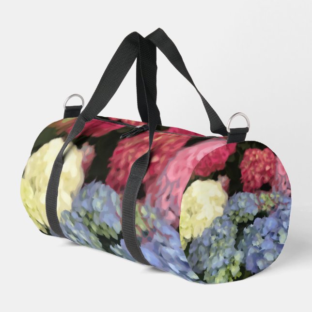 Blaue und rosa Hydrangea Digitale Blume Duffle Bag (Linke Seite)
