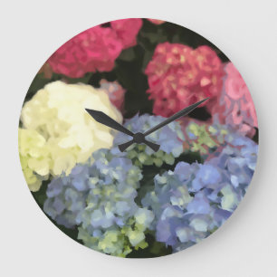 Blaue und rosa Hydrangea Digitale Blume Große Wanduhr