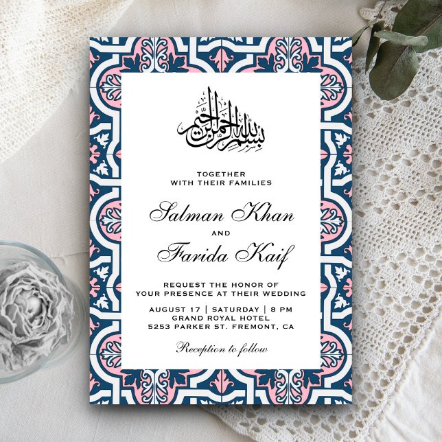 Blaue und rosa islamische arabische Hochzeit Einladung (Von Creator hochgeladen)