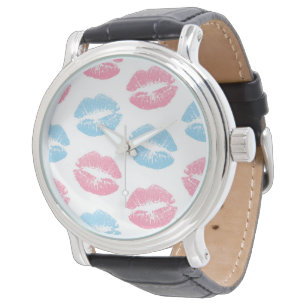 Blaue und rosa Lippenmuster, Lipstick, Kiss Armbanduhr