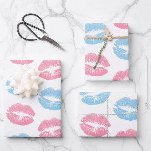 Blaue und rosa Lippenmuster, Lipstick, Kiss Geschenkpapier Set