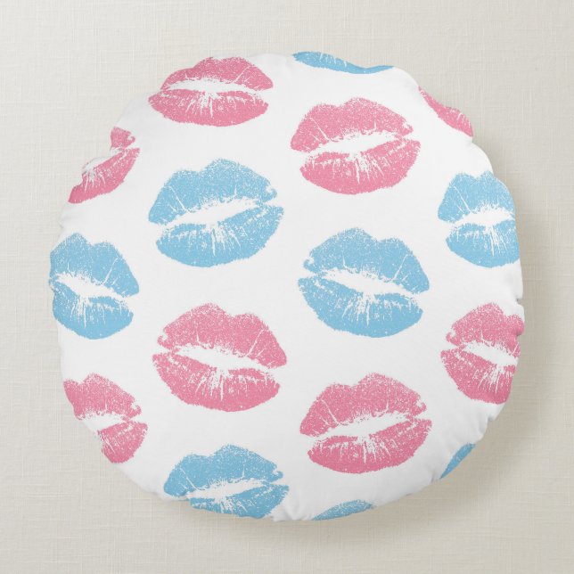 Blaue und rosa Lippenmuster, Lipstick, Kiss Rundes Kissen (Vorderseite)