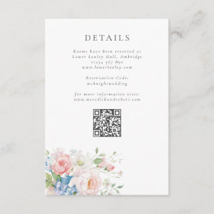 Blaue und rosa Pastell-Blumen-Hochzeitsdetails mit Begleitkarte