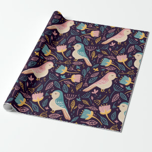 Blaue und rosa Vögel mit Blume und Blätter auf Dar Geschenkpapier