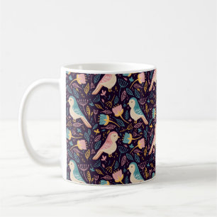 Blaue und rosa Vögel mit Blume und Blätter auf Dar Kaffeetasse