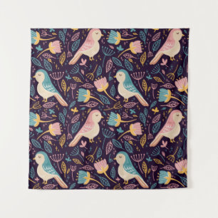 Blaue und rosa Vögel mit Blume und Blätter auf Dar Wandteppich