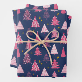 Blaue und rosa Weihnachtsbaummuster Geschenkpapier Set