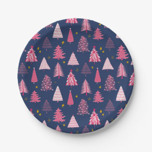 Blaue und rosa Weihnachtsbaummuster Pappteller
