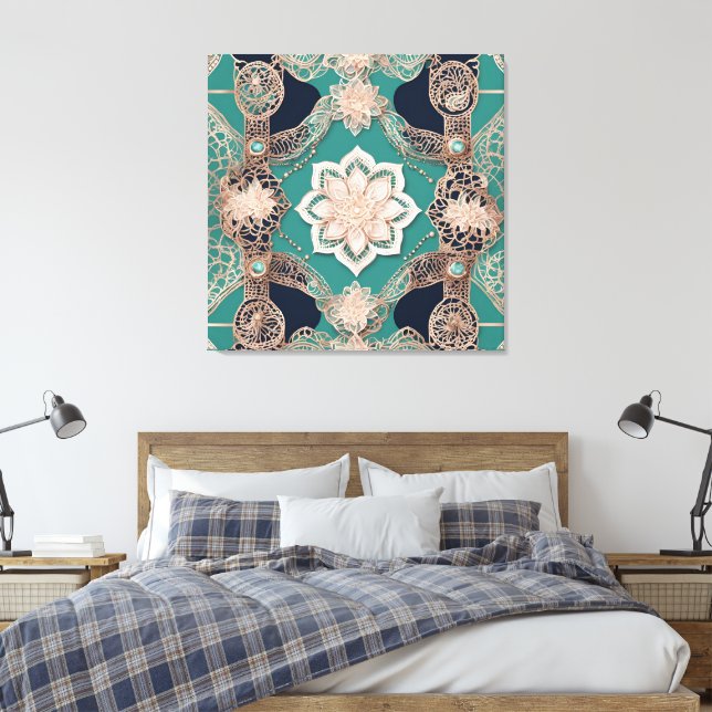 Blaue und Roségold-Mandala-Spitzenleinwand Leinwanddruck (Insitu (Schlafzimmer))