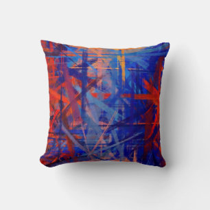 Blaue und rote abstrakte bemalte Vintage Kissen