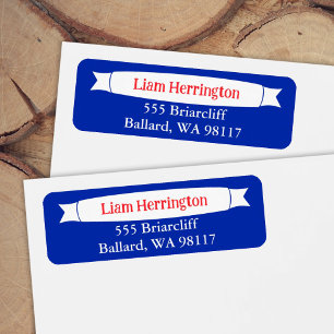 Blaue und rote Adressetikette mit Banner