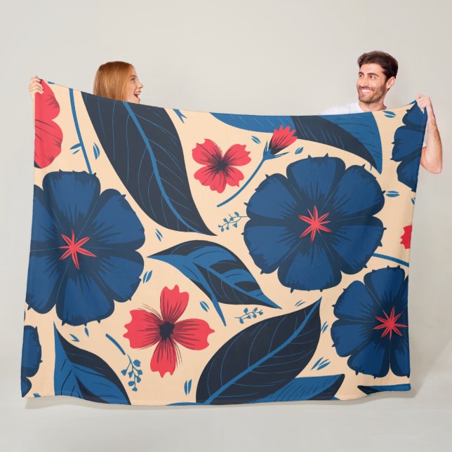 Blaue und rote Blume mit dunkelblauen Blätter Fleecedecke (Beispiel)