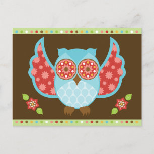 Blaue und rote Eule auf brauner und grüner Postkar Postkarte