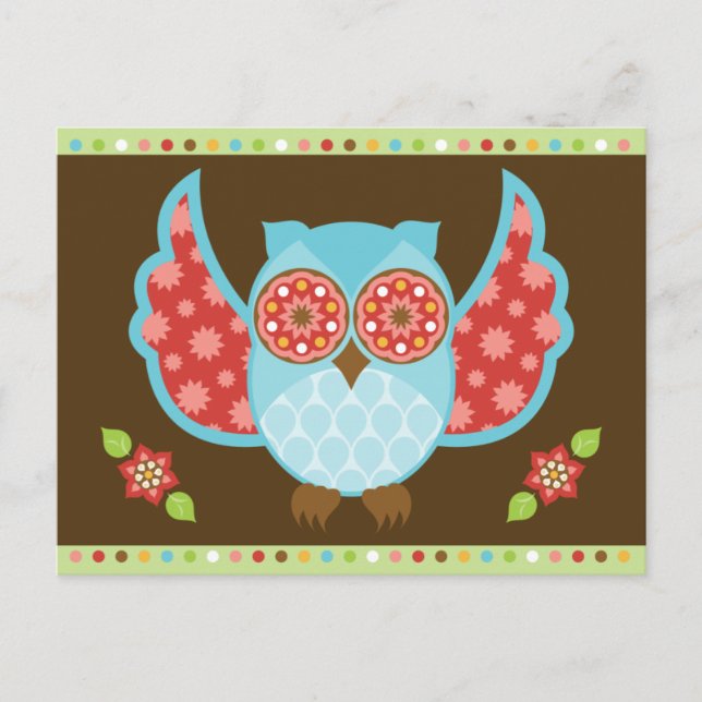 Blaue und rote Eule auf brauner und grüner Postkar Postkarte (Vorderseite)