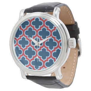 Blaue und rote marokkanische Trellis, Gitter, Quat Armbanduhr