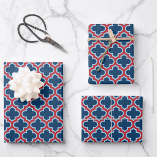 Blaue und rote marokkanische Trellis, Gitter, Quat Geschenkpapier Set