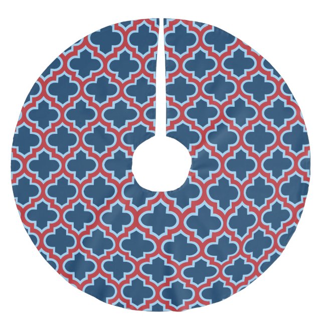 Blaue und rote marokkanische Trellis, Gitter, Quat Polyester Weihnachtsbaumdecke (Vorderseite)