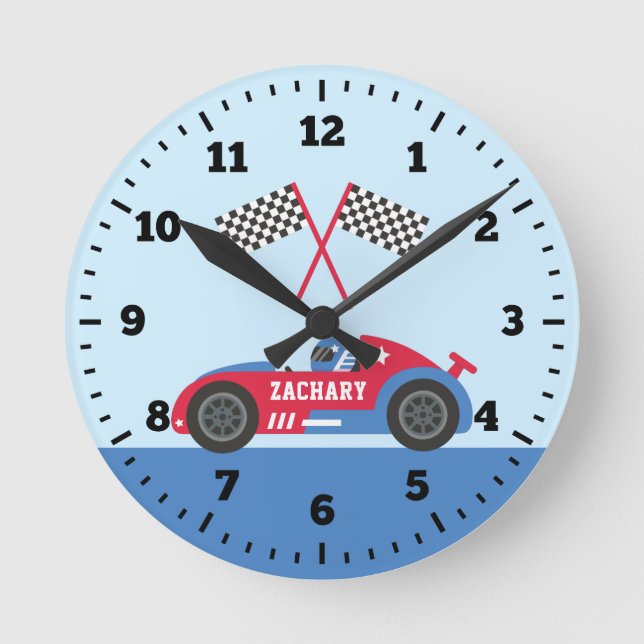 Blaue und rote Race Car Racer Boys Bed Wall Decke Runde Wanduhr (Vorderseite)