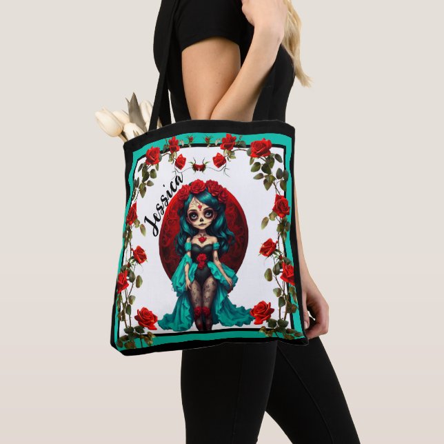 Blaue und Rote Rosen Zucker-Schädel (Von Nahem)
