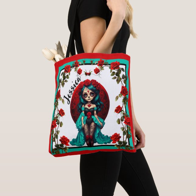 Blaue und Rote Rosen Zucker-Schädel (Von Nahem)