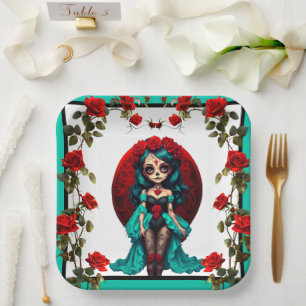 Blaue und rote Rosen Zucker-Schädel Pappteller