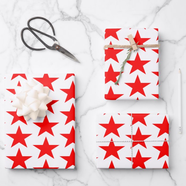 Blaue und rote Sterne Geschenkpapier Set (Vorderseite)