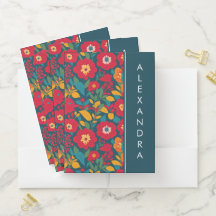 Blaue und rote Vintage Blume und Blätter Muster