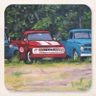 Blaue und rote Vintage Lastkraftwagen, Ölgemälde Rechteckiger Pappuntersetzer