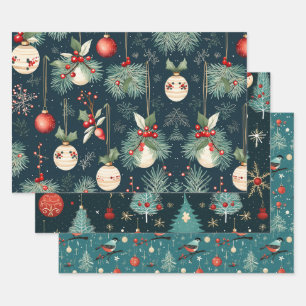Blaue und rote Vintage-Weihnachtsmuster Geschenkpapier Set