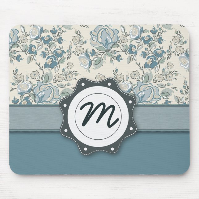 Blaue und SahneRosen mit Monogramm Mousepad (Vorne)