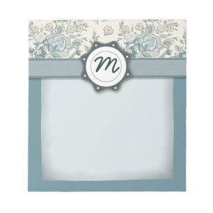 Blaue und SahneRosen mit Monogramm Notizblock