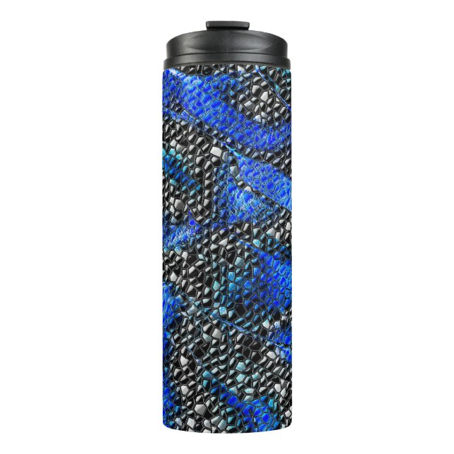 Blaue und schwarze Halbwertswaage Thermosbecher (Vorderseite)