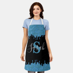 Blaue und schwarze Monogramm-Glittertropfen Schürze