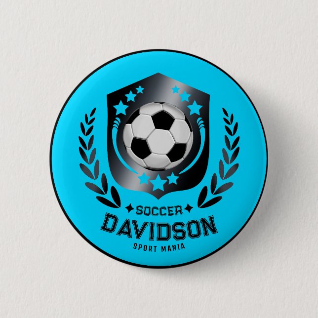 Blaue und schwarze personalisierte Fußballmannscha Button (Vorderseite)