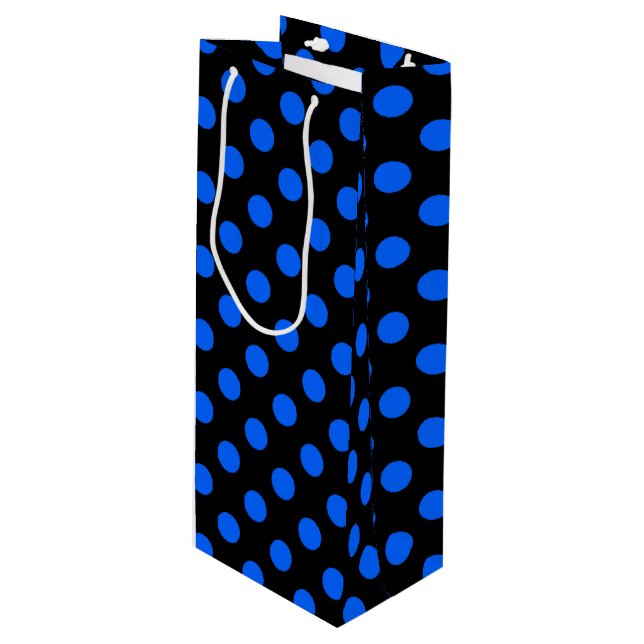 Blaue und schwarze Polka Geschenktüte Für Weinflaschen (Vorderseite Schrägansicht)