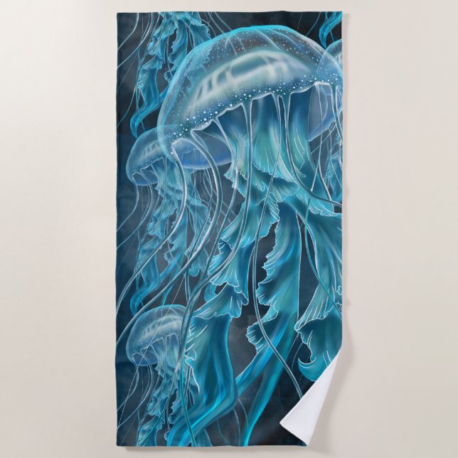 Blaue und schwarze Quallen Strandtuch (Vorderseite)