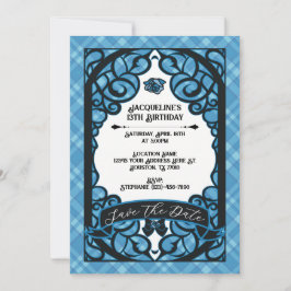Blaue und schwarze vergitterte Rosenprinzessin Geb Einladung
