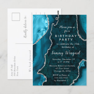 Blaue und silberne Achat-Marmor-Geburtstagsfeier Postkarte