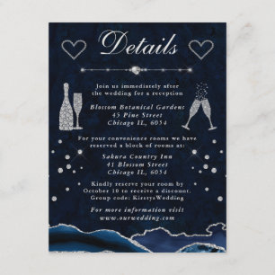 Blaue und silberne Glitter-Achat-Hochzeitsdetails Begleitkarte