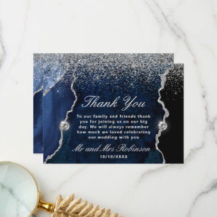 Blaue und silberne Glitter-Achat-Marmor-Hochzeit Dankeskarte