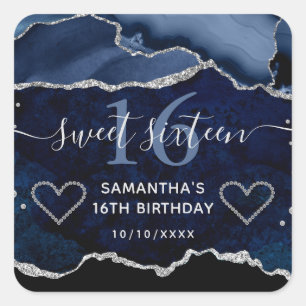 Blaue und silberne Glitter-Achat-Murmel Sweet 16 Quadratischer Aufkleber