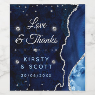 Blaue und silberne Glitter-Achat- und Marmor-Hochz Weinetikett