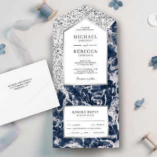 Blaue und silberne Glitter-Marmor-Hochzeit All In One Einladung