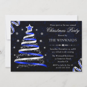 Blaue und silberne Schleifen-Weihnachtsbaum-Party Einladung