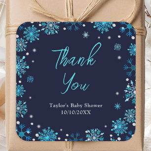 Blaue und silberne Schneeflocken-Baby-Shower-Danke Quadratischer Aufkleber