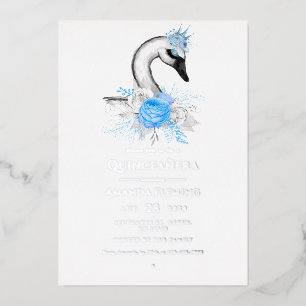 Blaue und silberne Schwan-Quinceañera-Folie-Einlad Folieneinladung