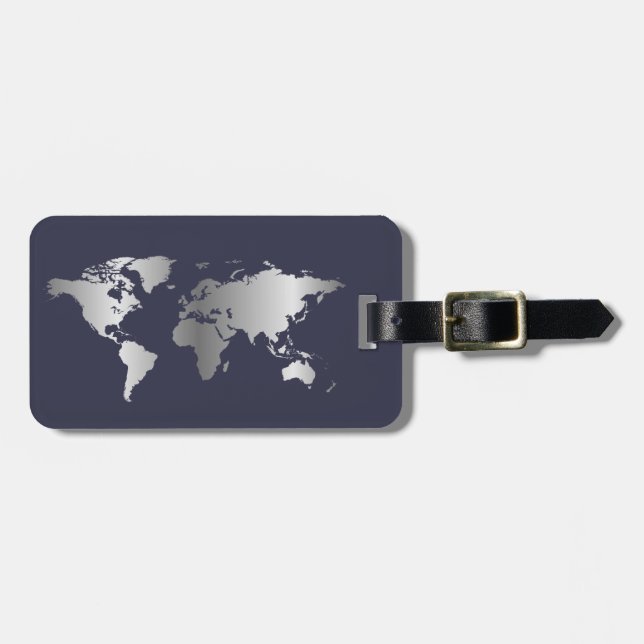 Blaue und silberne Weltkarte-eleganter Gepäckanhänger (Vorderseite horizontal)